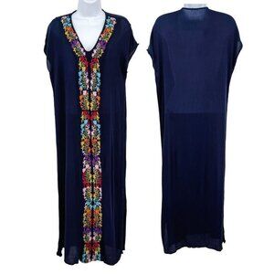 Floral Boho Embroidered Flower Print Gauzy Short Sleeve V-Neck Midi Dress